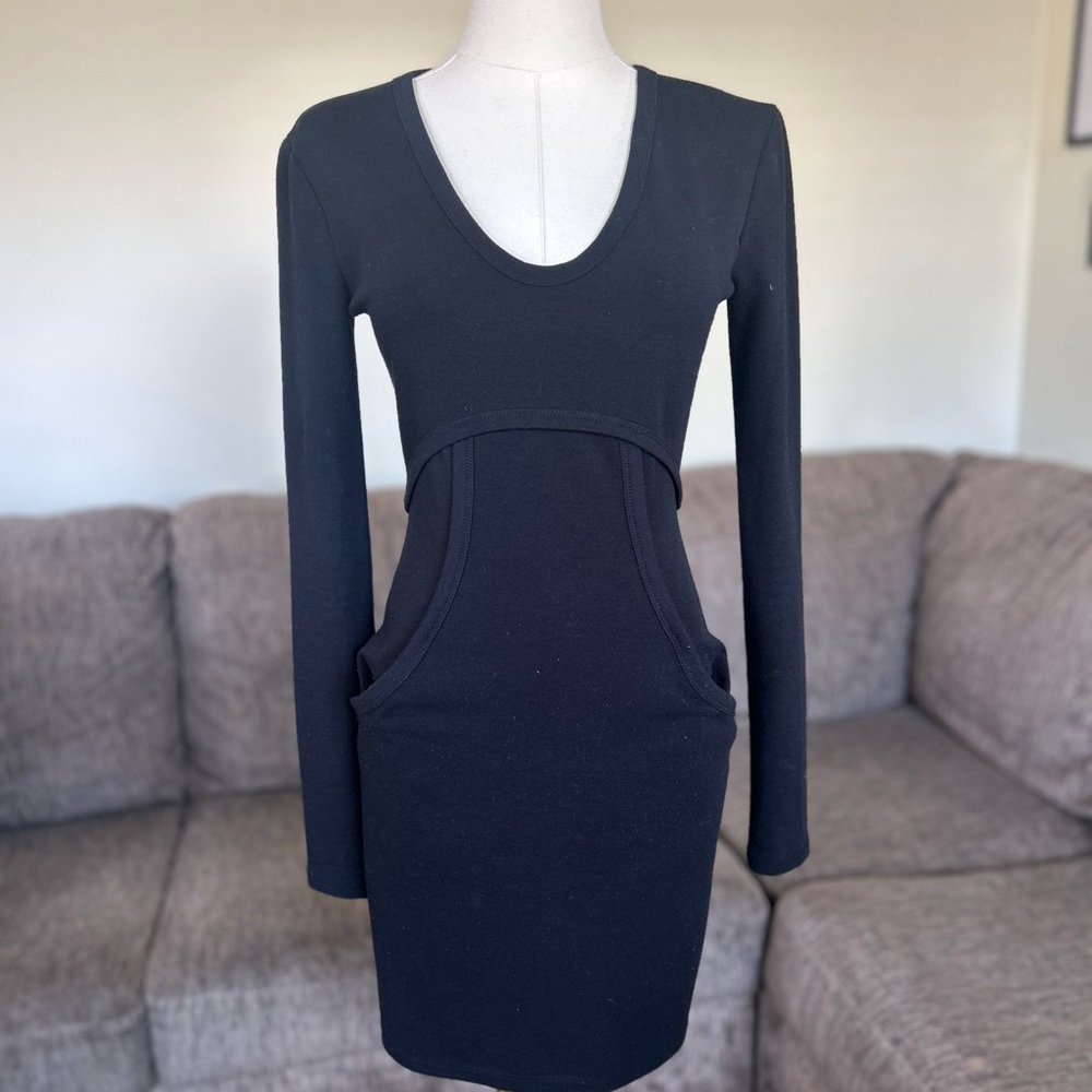 T by Alexander Wang Black Long Sleeve Scoop Neck Mini Dress